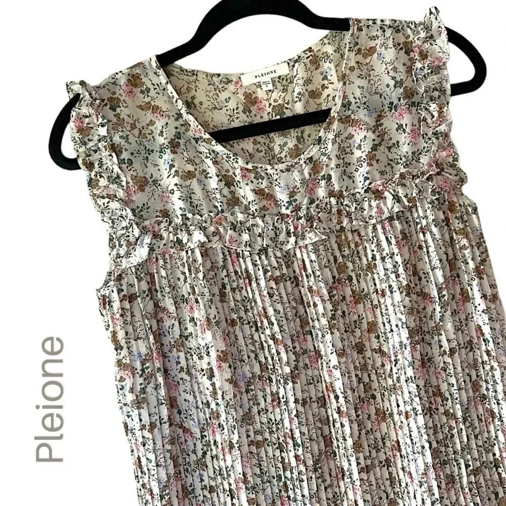 Pleione Floral Pleated Ruffle Sleeveless Blouse - Cream with Pink & Green